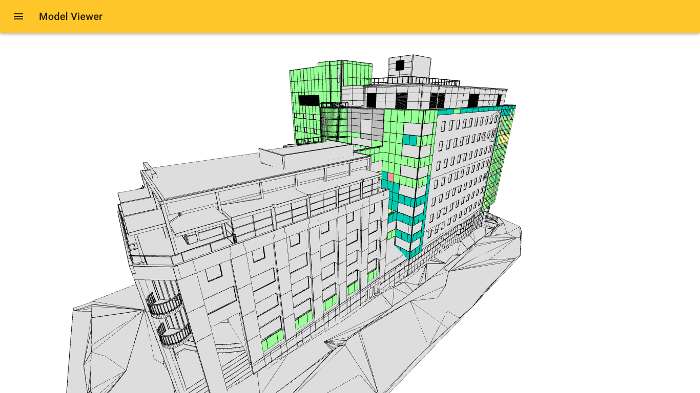 The Model Viewer showing a building elevation with panels colour-coded green for completed against a grey wireframe